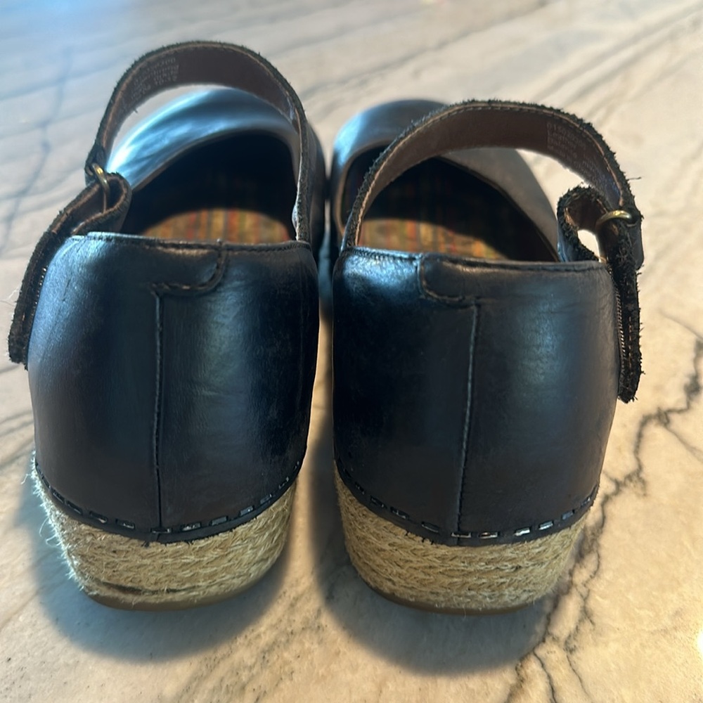 Dansko Black Leather Mary Jane Espadrille Wedges with Striped Insole - Picture 3 of 7
